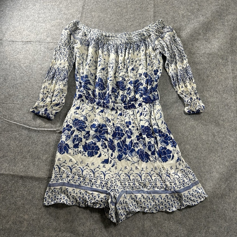 Anthropologie Romper Women's XS Clemente White Blue Floral Off The Shoulder